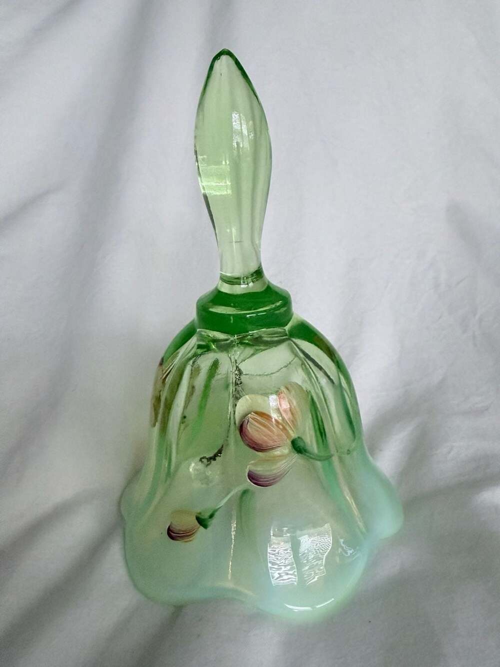 Uranium Fenton Hand Painted Light Green Floral Art Glass Bell - Picture 3 of 15